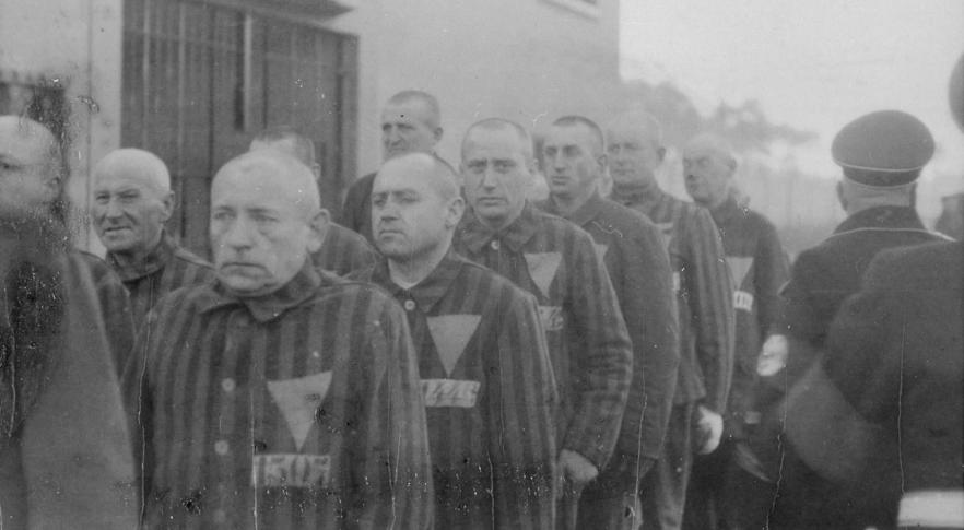 Prisioneiros em campo de concentração usando triângulos rosas
